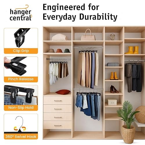 Hanger Central 30 Pack Pants Hangers – 12 Inch Slim Plastic Clothes Hangers with Clips for Skirts, Shorts & Trousers – Non Slip Grip, Heavy Duty Space Saver with Swivel Hook – Black Closet Organizer thumbnail 5