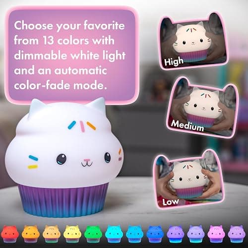 Lights By Night Squish'ems Gabby's Dollhouse Cakey Cat Night Light for Kids | 13 Color Modes and Dimmable Warm White Light for Kids Room, Nursery, and Bedroom, USB Powered with AAA Battery Option thumbnail 3