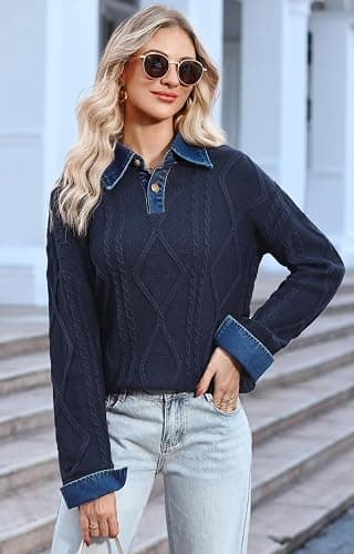 Soesdemo Womens Oversized Cable Knit Sweaters Chunky Long Sleeve Button Up Denim Polo Neck Knit Pullover Tunic Sweaters thumbnail 3