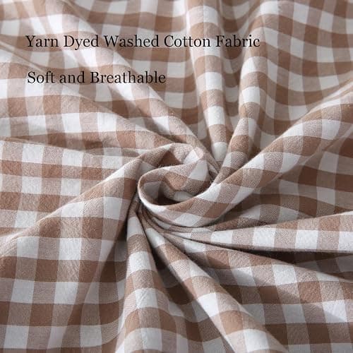 Silnuo Taupe/White Plaid Ruffled Pillow Covers Queen Size Set of 2, Washed Cotton Shabby Checkered Gingham Pillow Shams 20"x30" thumbnail 7
