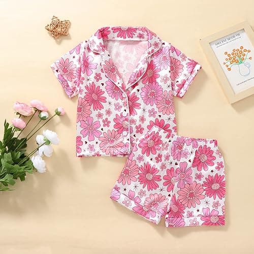 Qiylii 1-6Y Toddler Girls Floral Silk Pajamas Short Sleeve Button-Up Top Shorts Summer 2PC Flowers Satin Pajamas Set thumbnail 3