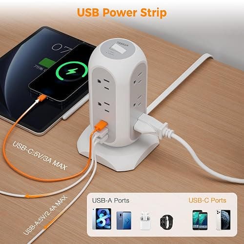 Tower Power Strip Flat Plug with 11 Outlets 3 USB (1 USB C), TESSAN Surge Protector Tower 1625W/13A,1050J Protection, 6 Feet Extension Cord with Multiple Outlets, Office Desk Supplies, Dorm Essentials thumbnail 3