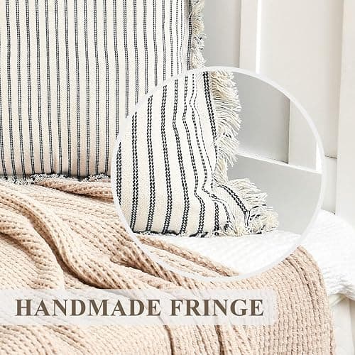 ZWJD Throw Pillow Covers 20x20 Set of 2 Striped Pillow Covers with Fringe Chic Cotton Decorative Pillows Square Cushion Covers for Sofa Couch Bed Living Room Farmhouse Decor thumbnail 6