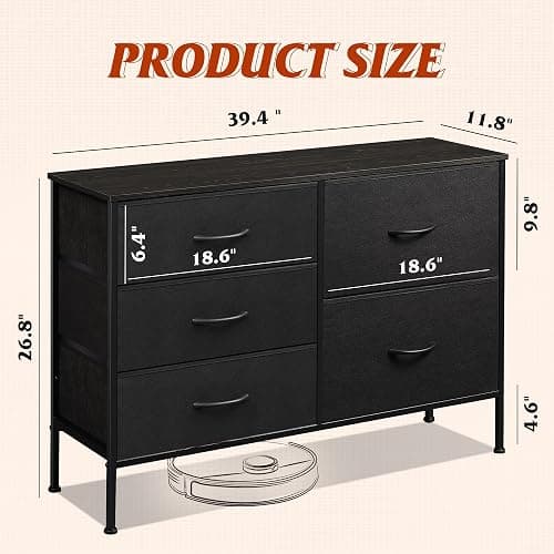 WLIVE 5 Drawer Black Fabric Dresser for Bedroom, Wide Storage Chest | Black 5-drawer wide fabric dresser with steel frame, modern storage for bedroom living room home closet thumbnail 3