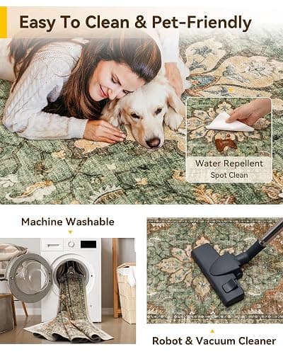 RELEANY Area Rugs 9'x12' Washable Non-Slip, Floral Vintage Distress Print Pattern Medallion Carpet for Living Room Bedroom Dining Room, Brick Red Rust Neutral Brown Burnt Orange Green thumbnail 6
