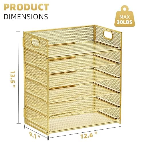 Marbrasse Paper Letter Tray Organizer - 6 Tier Mesh File Organizer with Handle, Paper Sorter Organizer for Letter/A4 Office File Folder Holder - Gold thumbnail 3