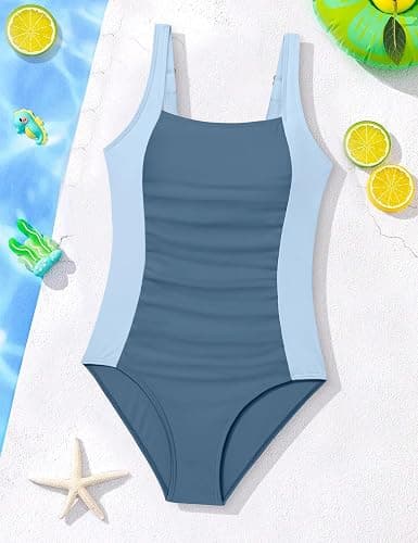 TyeSmo Girl Swimsuit One Piece Bathing Suit for Girls Solid Color Ruched Adjustable Straps Padded Swimwear 9-16y thumbnail 8