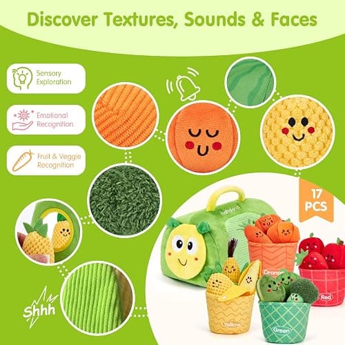 hahaland Montessori Toys for 1 Year Old - Color Sorting Fruits & Veggies Sensory Baby Toys 6-12 Months, 17 PCS Plush Play Food with Caterpillar Storage Bag, Baby Stocking Stuffers First Learning Gifts thumbnail 4