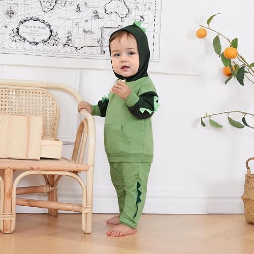 LIOMENGZI Infant Baby Boy Hooded Dinosaur Fall Outfit Contrast Sweatshirt Pant Set Toddler Dinosaur Clothes 6 12 18 Months 2T thumbnail 2