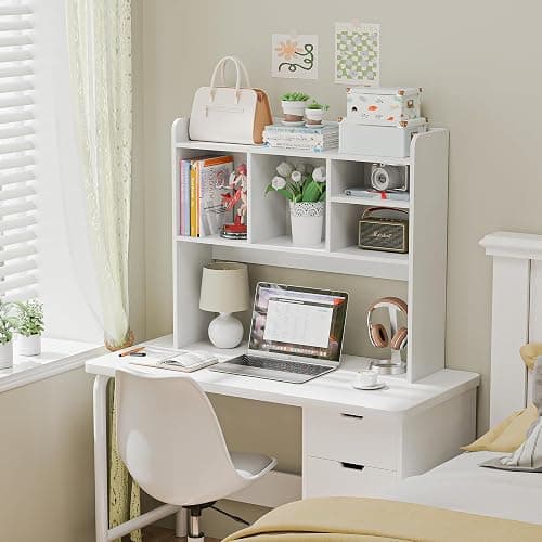 SUPER DEAL Desktop Bookshelf, Countertop Storage Hutch with 4 Shelves for Computer Desk, 2-Tier Display Rack, Multipurpose Wood Desk Hutch Storage Organizer for Home Office Dorm, White thumbnail 7