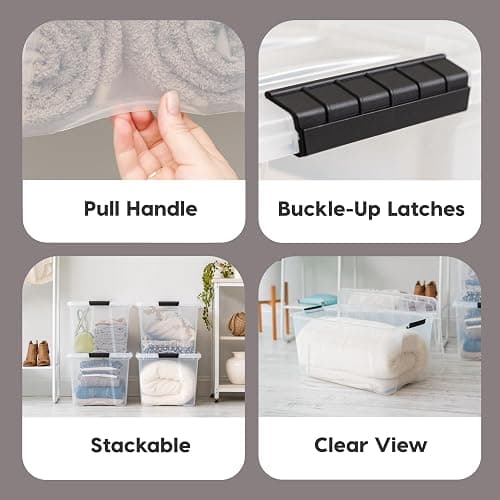 IRIS USA 72 Qt Stackable Plastic Storage Bins with Lids, 6 Pack - BPA-Free, Made in USA - See-Through Organizing Solution, Latches, Durable Nestable Containers, Secure Pull Handle - Clear thumbnail 4