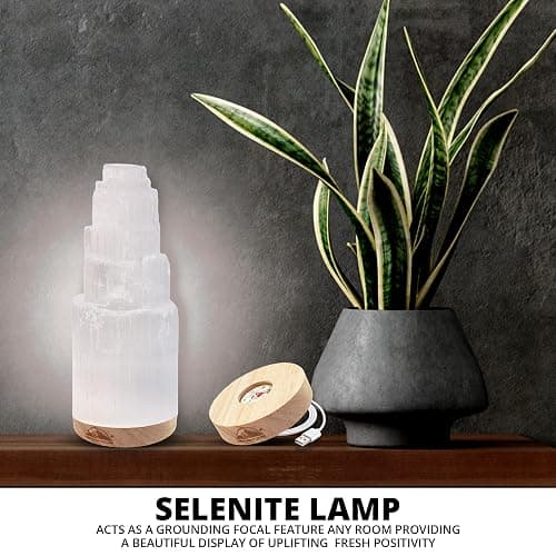 Himalayan Glow Selenite Crystal Lamp 20cm, Hand Curved Morocco |Skyscraper| Crystals and Healing Stones,(ETL Certified) with Wooden Base & USB Charging Cable For Healing Cleansing & Meditation thumbnail 6