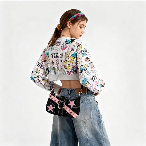 MJFSGYO Cute Y2k Purse for Women, Star Embroidery Pattern with Chain Strap Shoulder Bag, Goth Style Cute Mini Purse thumbnail 6