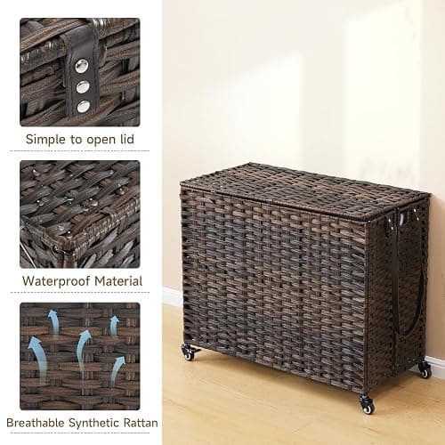 Laundry Hamper with Wheels, 52.8 Gallon(200L) Rolling Laundry Basket with Lid, 3-Section Rattan Clothes Hamper with 3 Removable Liner & 3 Mesh Bags, Laundry Sorter with Side Pocket, Brown thumbnail 8