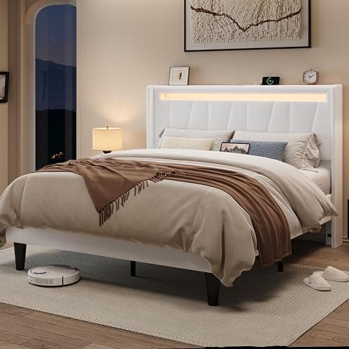 Allewie Full Size LED Bed Frame with Charging Station, Velvet Upholstered Platform Bed with Geometric Wingback Headboard, Modern Frame with No Box Spring Needed, Easy Assembly, White - Image 1