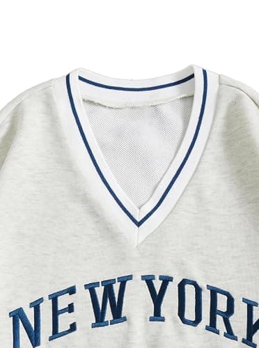 Remidoo Womens New York Embroidered V Neck Sweatshirt Oversized Long Sleeve Pullover Top thumbnail 5