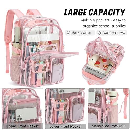 Kouxunt Clear Backpack Heavy Duty Transparent Backpacks Stadium Approved for School Work Sport Travel (Light Pink) thumbnail 3