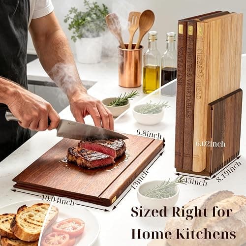 Book Cutting Board Set with Wooden Stand for Home Cooks | 3 Labeled Boards for Fruits Veggies,Meat Fish,Bread Cheese Organized Prep,No Cross Contamination thumbnail 3