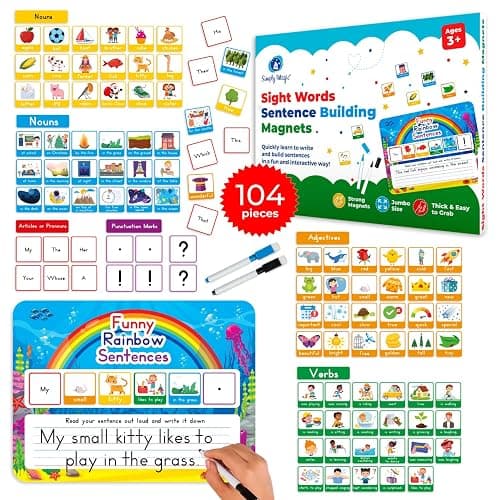 104 PCS Sentence Building for Kids, Sentence Building Magnets Kit, Learn to Read, Speech Speak Spell Games, Kids Vocabulary Builder, Sentence Building Games, Sight Word Magnets Games - Simply Magic - Image 1