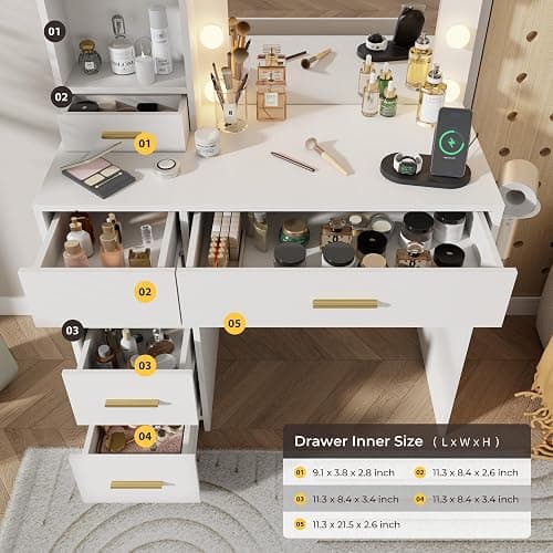 Otterease Vanity Desk with LED Lighted Mirror&Power Outlet, 3 Lighting Colors Makeup Vanity Desk with 5 Large Drawers and 3 Storage Shelves, White Vanity with Storage Stool for Bedroom thumbnail 7