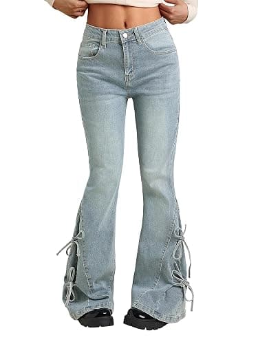 Women Bell Bottom Jeans Lace Up Bow Stretch Flare Denim Pants Cute Y2k Vintage Jeans - Image 1