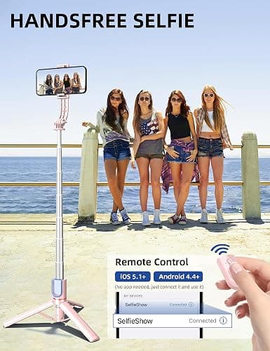 Selfie Stick mit Verbessertem Stativ [2023 Ganz Neues Entwurf] Selfie Stange aus Aluminium Handy Stativ mit Abnehmbarer Fernbedienung um 360° Drehbar für iPhone Samsung, Action-Kamera GoPro (Rosa) thumbnail 4