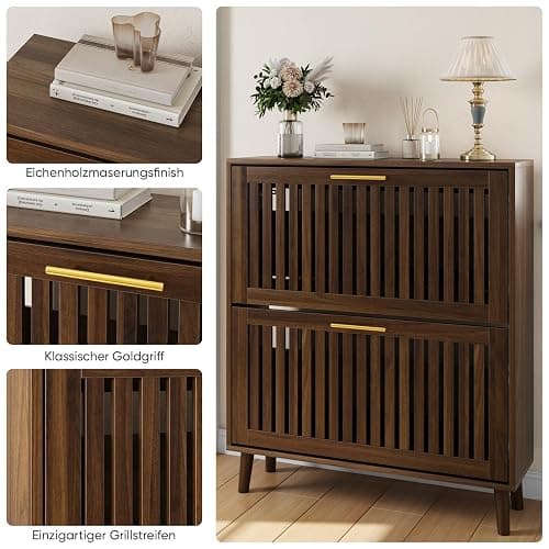 Smart FENDEE Schuhschrank Bauernhausstil, schmaler freistehender Schuh-Organizer mit 2 klappbaren Latten-Schubladen (Slatted), goldene Griffe, versteckter Eingangsbereich für Flur, Walnuss 80B cm thumbnail 4