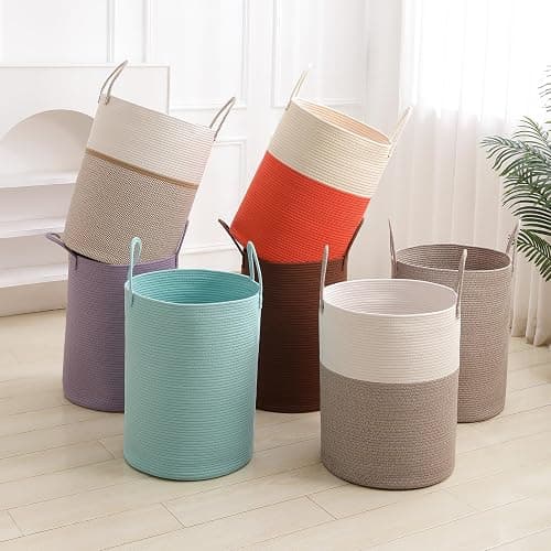 Laundry Basket Hamper Tall Rope Storage Woven for Blanket Toys Dirty Clothes in Living Room Bathroom Bedroom White & Brown 60L/15.8Gal thumbnail 7