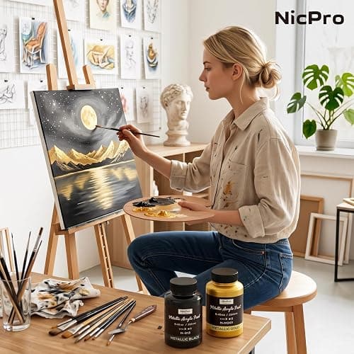 Nicpro Metallic Gold Acrylic Paint, 8.45oz/250ml Large Gold Leaf Paint | Non Toxic, Non Fading Craft Paints for Metal, Wood, Clay, Fabric, Canvas, Furniture, Handcrafts, Art Supplies thumbnail 2