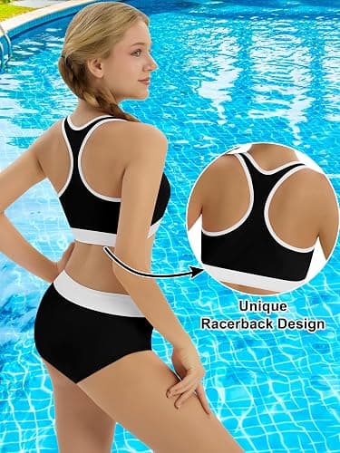 Girls Swimsuit Color-Block High Waist Sporty Sets Girls Two Piece Bathing Suit with Chest Pad Swimwear 7-16T thumbnail 4