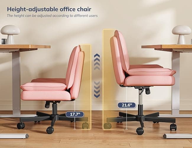 DurayLoly Criss Cross Chair with Wheels,Cross Legged Office Chair with 2 Layer Comfty Leather & Back,Armless Wide Vanity Chair for Home Office,Pink thumbnail 6