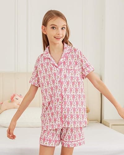 HMPEAIIY Cute Monkey Pajamas Set for Girls, Kids Summer Button Down Matching Y2k Loungewear PJs Christmas Thanksgiving Gift thumbnail 6