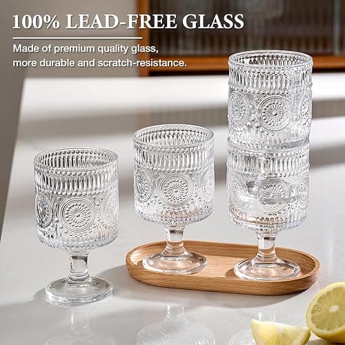 6 Packs Vintage Goblet Glasses, 8 oz Wine Glasses, Embossed Floral Glass Cups Set, Clear Drink Glasses, Drinking Goblets, Bar Tumbler Glassware for Iced Tea, Wine, Beer, Juice, Cocktail, Whiskey thumbnail 6