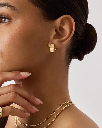 PAVOI 14K Gold Plated Ribbed Hoop Earrings for Women - Chunky Ridge Statement Earrings - Boho Puffy Croissant Huggie Hoops Trendy Gold Jewelry thumbnail 4