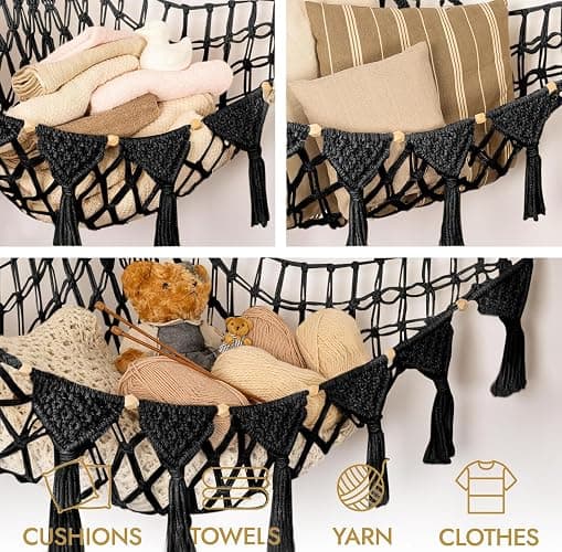 TIDYTEDS Macrame DreamLights Boho Stuffed Animal Storage Net Hammock Extra Large Plush Toy Storage Holder For Small Or Large Plushies BLACK thumbnail 6