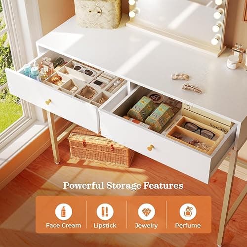 SUPERJARE 39.4" White and Gold Desk with 2 Drawers, Modern Makeup Vanity Desk, Small Computer Desk Home Office Desk for Writing Study Bedroom thumbnail 4