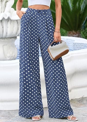 KIRUNDO Wide Leg Pants for Women 2026 Summer Flowy Polka Dot Trousers | Lightweight Dressy Palazzo Work Pant, Elastic High Waisted Pleated Slacks With Pockets, Business Casual Fall Vacation Outfits thumbnail 3