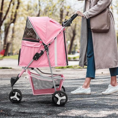 MoNiBloom 3-Wheels Foldable Pet Stroller with Waterproof Cover, Pet Strolling Cart for Small/Medium Dogs and Cats with Storage Basket and Cup Holder, Breathable and Visible Mesh for All-Season, Pink thumbnail 2