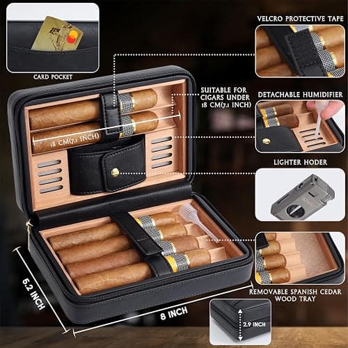 BZWBZ Travel Cigar Humidor Set,Torch Lighter with Cigar V Cutter, Hole Punch, Spanish Cedar Wood Humidor,Black Leather thumbnail 2