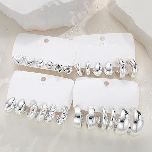 12 Pairs Chunky Silver Hoop Earrings for Women Trendy, Silver Plated Lightweight Thick Open Twisted Stack, Non Tarnish Huggie Hoops Earring Set thumbnail 8