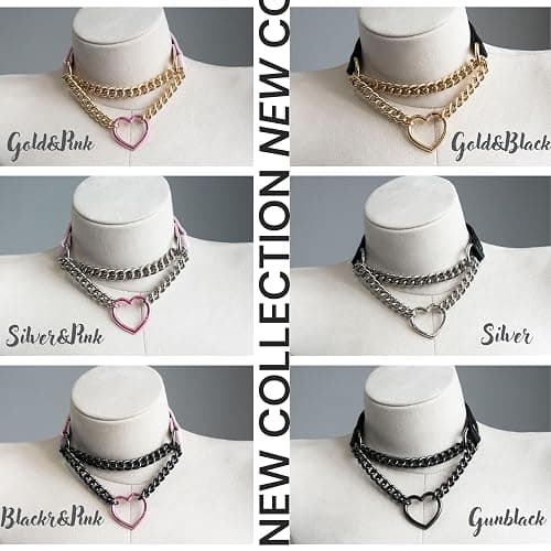 ADEMISHIA Black/Pink Leather Choker Necklace For Women, Handmade Adjustable Chain Collar with Metallic Heart Ring - Pink&Black thumbnail 6