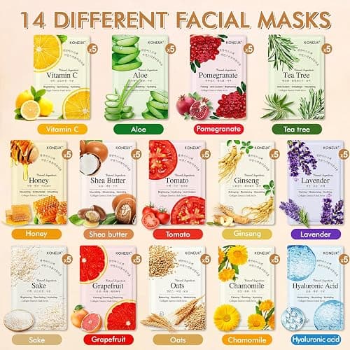 KONEUK 70 Pack Sheet Face Masks Skincare, Hydrating Face Masks Suitable for All Skin Types, Bulk Facial Mask Gifts Set for Women Skin Care, Home Skincare Spa for Sensitive Skin thumbnail 3