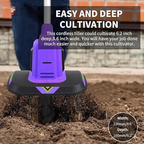 WEECONACO 20V Cordless Tiller Cultivator,48 Steel Tines Garden Tiller,8.6 inch Wide Battery Powered Garden Cultivator,(2AH Battery and Charger Included) thumbnail 3
