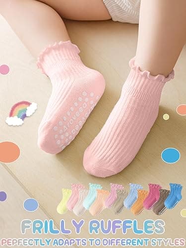 Baby Toddler Girls Socks Grip Ruffle Non Slip Kids Cotton 12 Pack Socks | PREMIUM soft COTTON,full anti-slip grips,6month-7t grippy crew socks for girls,daily school all season wear,cute ruffle thumbnail 6