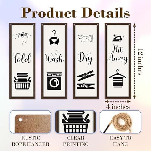 4 Pcs Laundry Room Decor, Put Away Fold Wash Dry Decor Wooden Sign, Funny Minimalist Laundry Wooden Hanging Sign, Rustic Wall Art For Laundry Bathroom Restroom Washroom Home Farmhouse A24 thumbnail 3