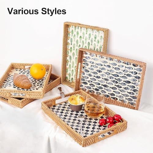 Tynulox Rectangle Rattan Tray with Mother of Pearl Inlay, Rattan Serving Tray with Handle for Coffee, Bread, Fruits, Snacks, Decorative Wicker Tray for Table Decor (Black Checkerboard, 13"×9") thumbnail 4