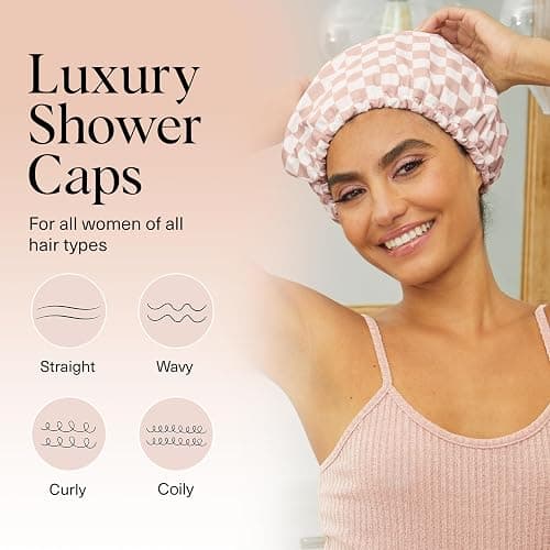 Kitsch Luxury Shower Caps for Women Reusable Waterproof - Flexi Satin Lined, Large Wide Shower Cap for Women & Men, Adjustable, Stylish Hair Cap for Shower, For Long & Short Hair - Terracotta Checker thumbnail 3