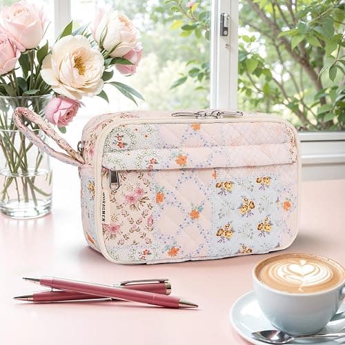 WOBAGMEN Quilted Pencil Pouch for Girls Women, Large Pencil Case Pouch with Compartments Cute Aesthetic Pencil Case Organizer, Floral Pencil Bag for School Supplies (coloful blue) - Image 1