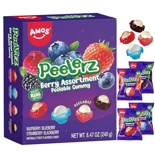 AMOS Peelerz Berry Assortment Gummy Candy 240g | Peelable Fruit-Shaped Gummies Made with Real Fruit Juice | Fun Peeling Snack for Kids & Adults | Peelerz Assorted Gummy Berry Mix (8.47 oz Box) thumbnail 8