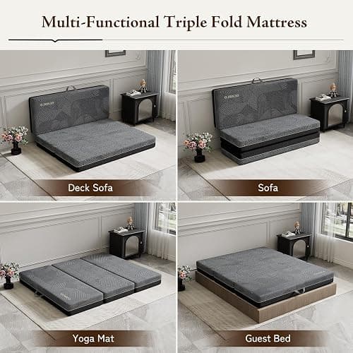 GEMBED Tri Folding Mattress Queen Size - Memory Foam Tri-fold Handle & Non-Slip Bottom, Portable Foldable Sofa Bed Floor Chair for Travel RV Camping Guest Yoga - 6 Inch, 78"x58"x6" thumbnail 6